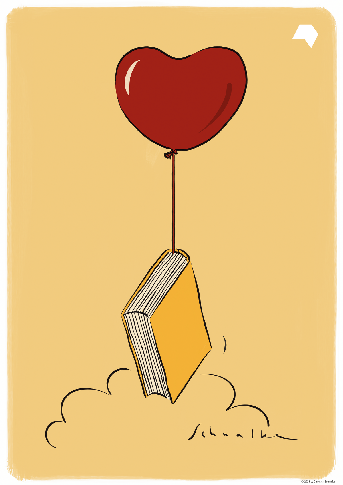 minimalistische Zeichnung: Herzluftballon an dem Buch hängt mit Wolke im Hintergrund