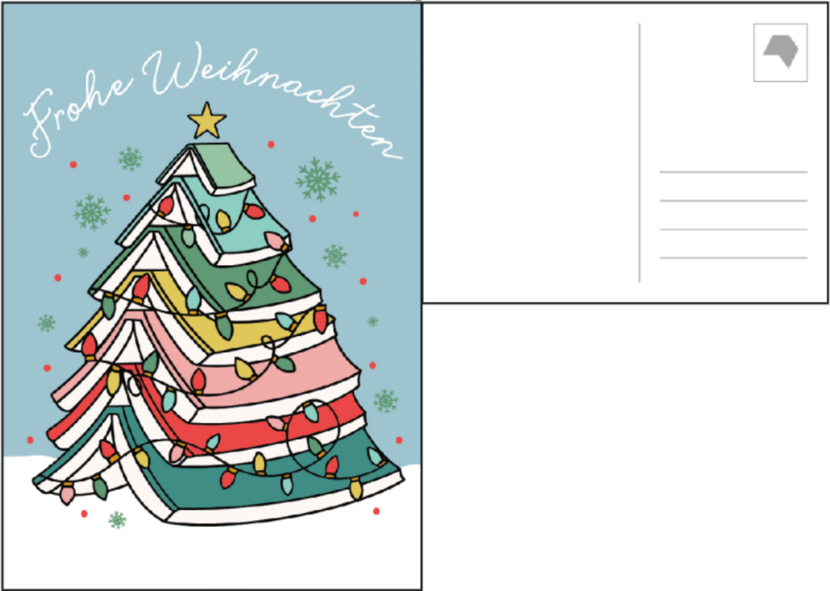 Postkarte "Frohe Weihnachten", Zeichnung eines Weihnachtsbaums, der aus Büchern besteht.