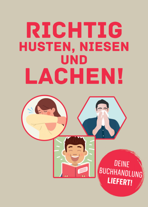 Postkarte: Richtig husten, niesen und lachen! Deine Buchhandlung liefert! www.buchhandlung-finden.de