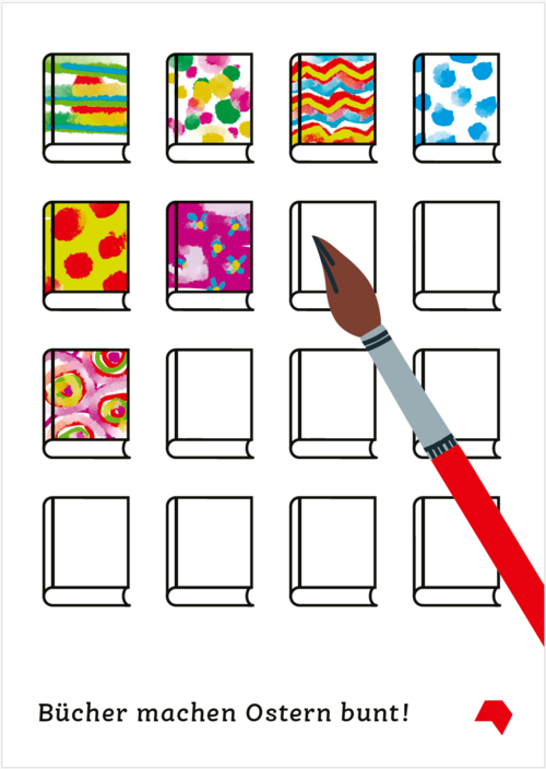 Zeichnung: Weiße Bücher die mit Pinsel ausgemalt werden.