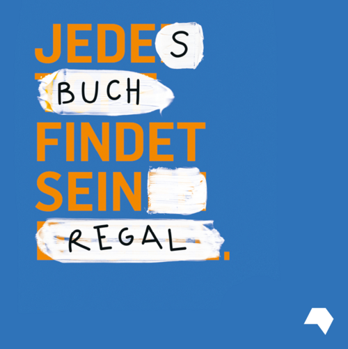 Download: Gelde Schrift auf blauem Hintergrund: Jedes Buch findet sein Regal