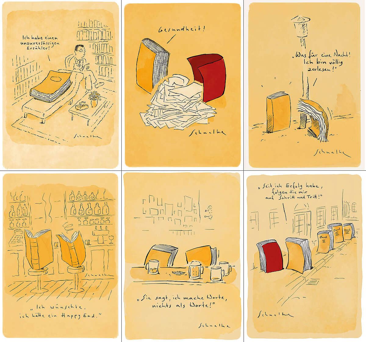 Übersicht von 6 Postkartenmotiven mit Buch-Karikaturen