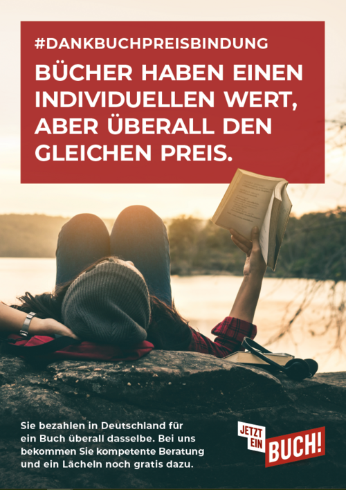 Download: Im liegen lesende Person an einem See. Headline: weiße Schrift auf rotem Hintergrund:: Bücher haben einen individuellen Wert, aber überall den gleichen Preis.