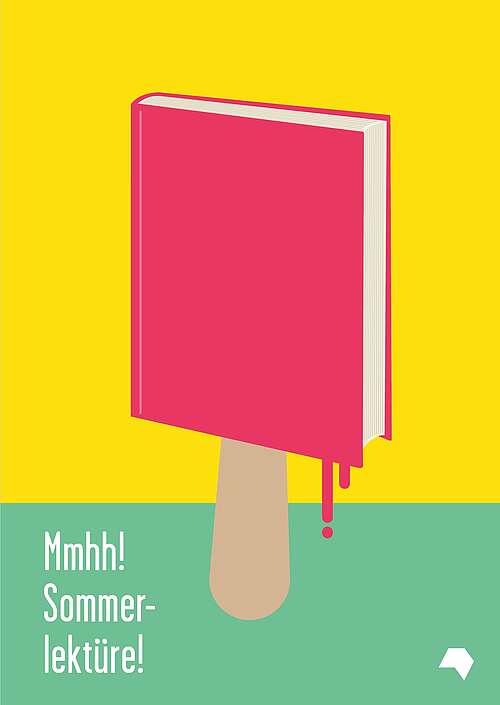 Text: Mmhh! Sommerlektüre - Grafik: Illustration eines Buches als Eis am Stiel. 