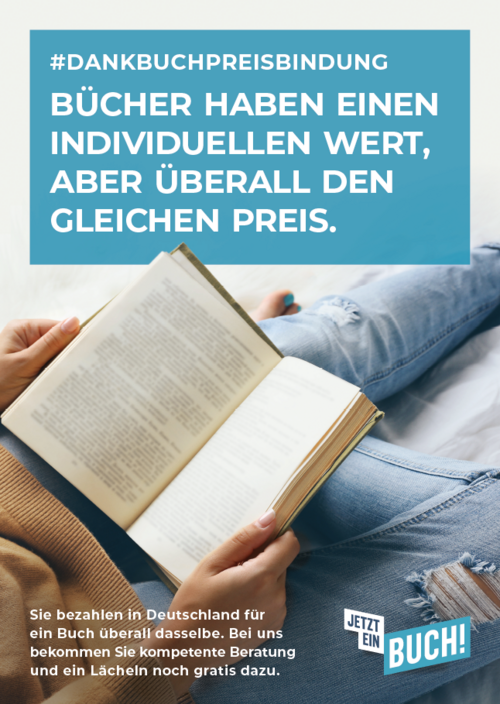 Plakat: Bücher haben einen individuellen Wert, aber überall den gleichen Preis. #DankBuchpreisbindung