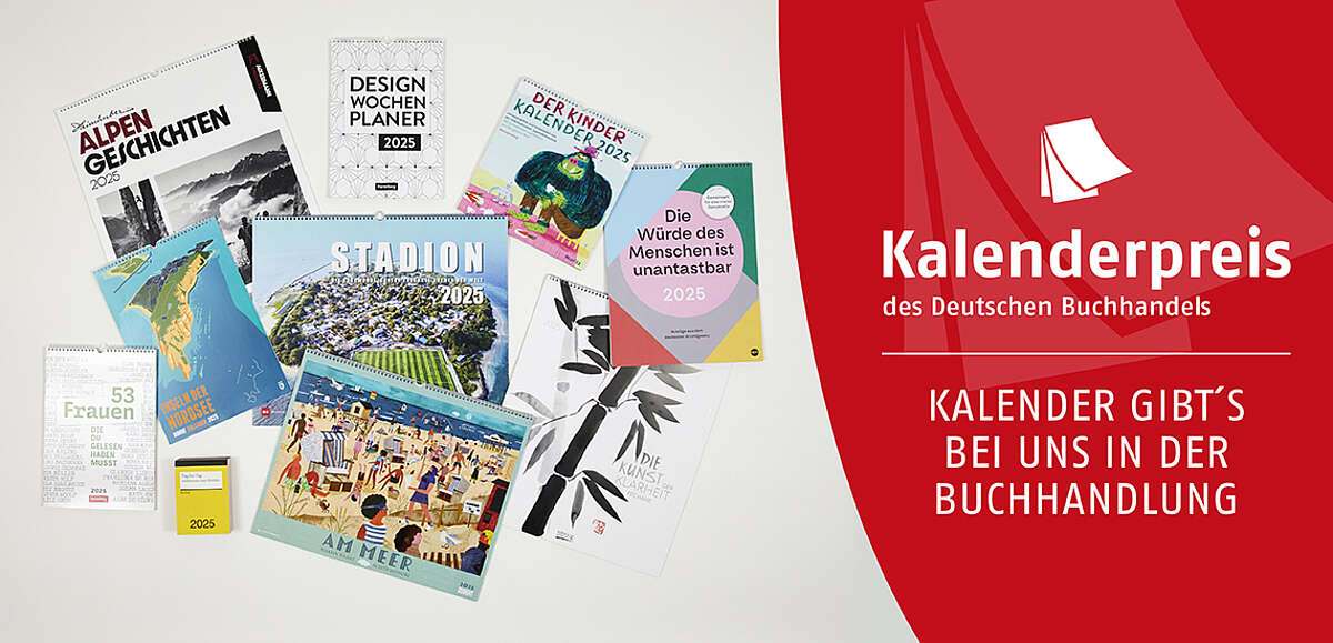 Webshop-Banner für den Kalenderpreis mit dem Slogan "Kalender gibt's bei uns in der Buchhandlung". Links sind zehn Kalender für 2025 abgebildet.
