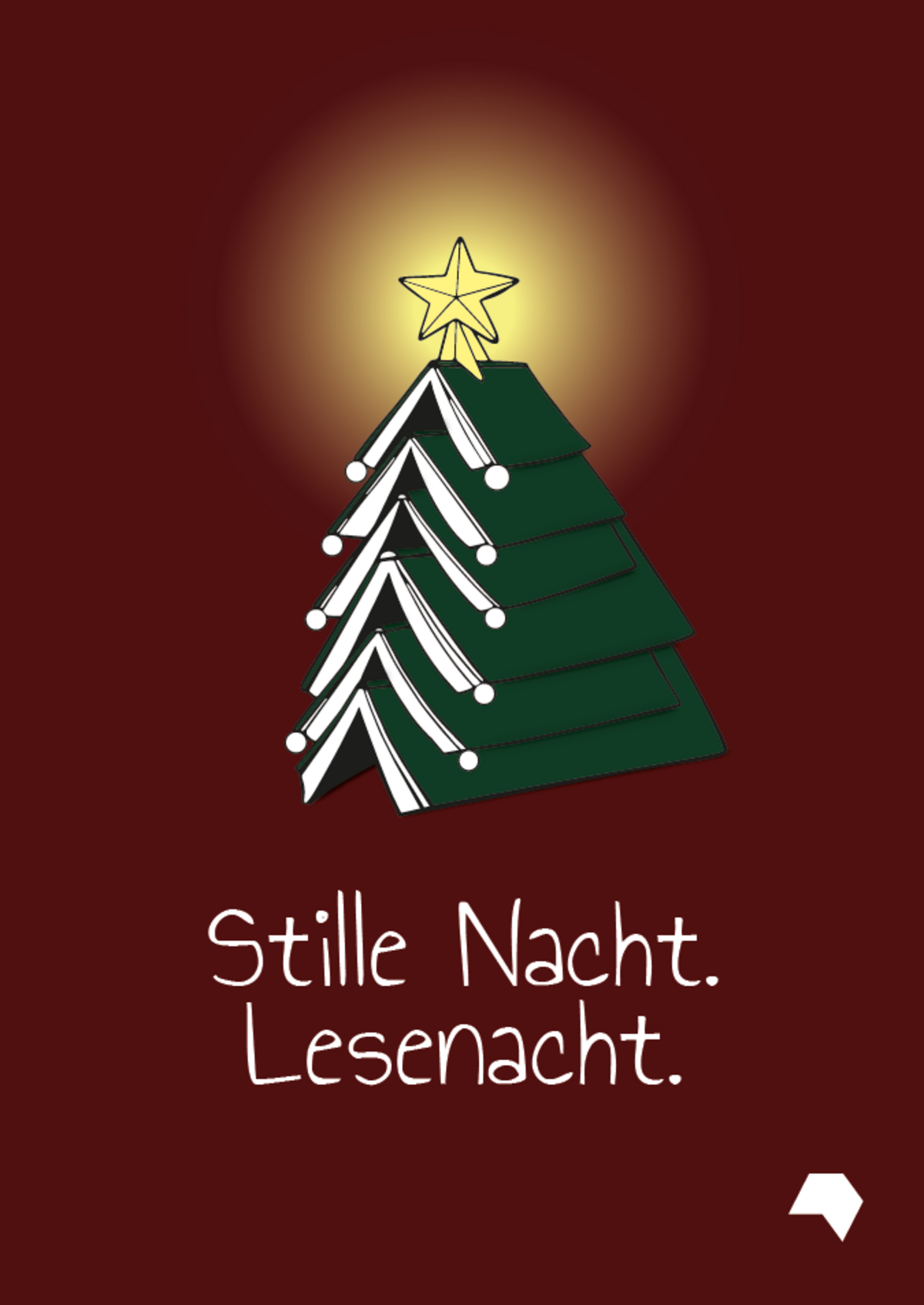 Weißer Text auf dunkelrotem Hintergrund: Stille Nacht. Lesenacht. - Inkl. Weihnachtsbaum der aus Büchern aufgebaut ist.