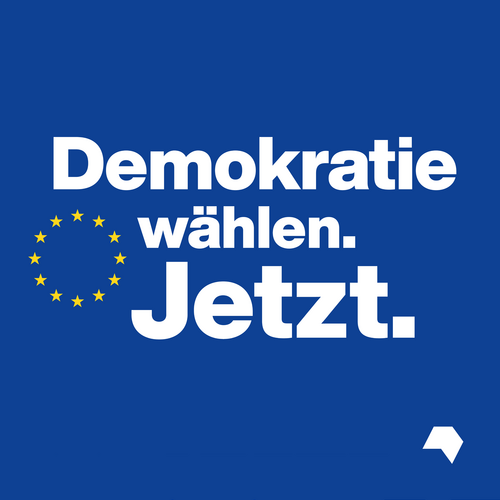 Weiße Schrift auf dunkelblauem Hintergrund: "Demokratie wählen. Jetzt." Daneben sind die Sterne der Europaflagge abgebildet.