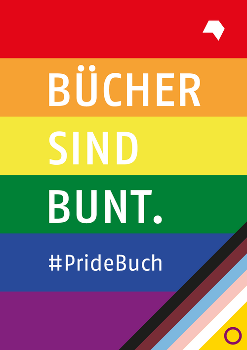 Weiße Schrift auf Progress Flag: Bücher sind bunt. #PrideBuch