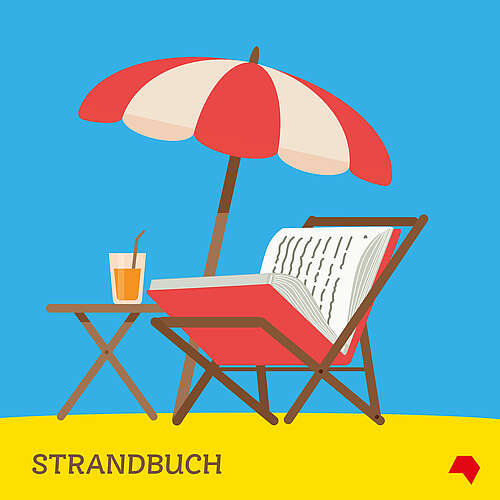 Text: Strandbuch - Grafik: Illustration eine Buchs als Liegestuhl am Strand mit Sonnenschirm