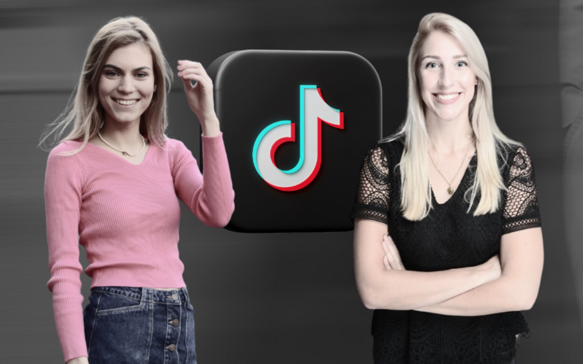 Porträts von Antonia Wesseling und Linda Schipp, zwischen ihnen das Logo der Tiktok-App.