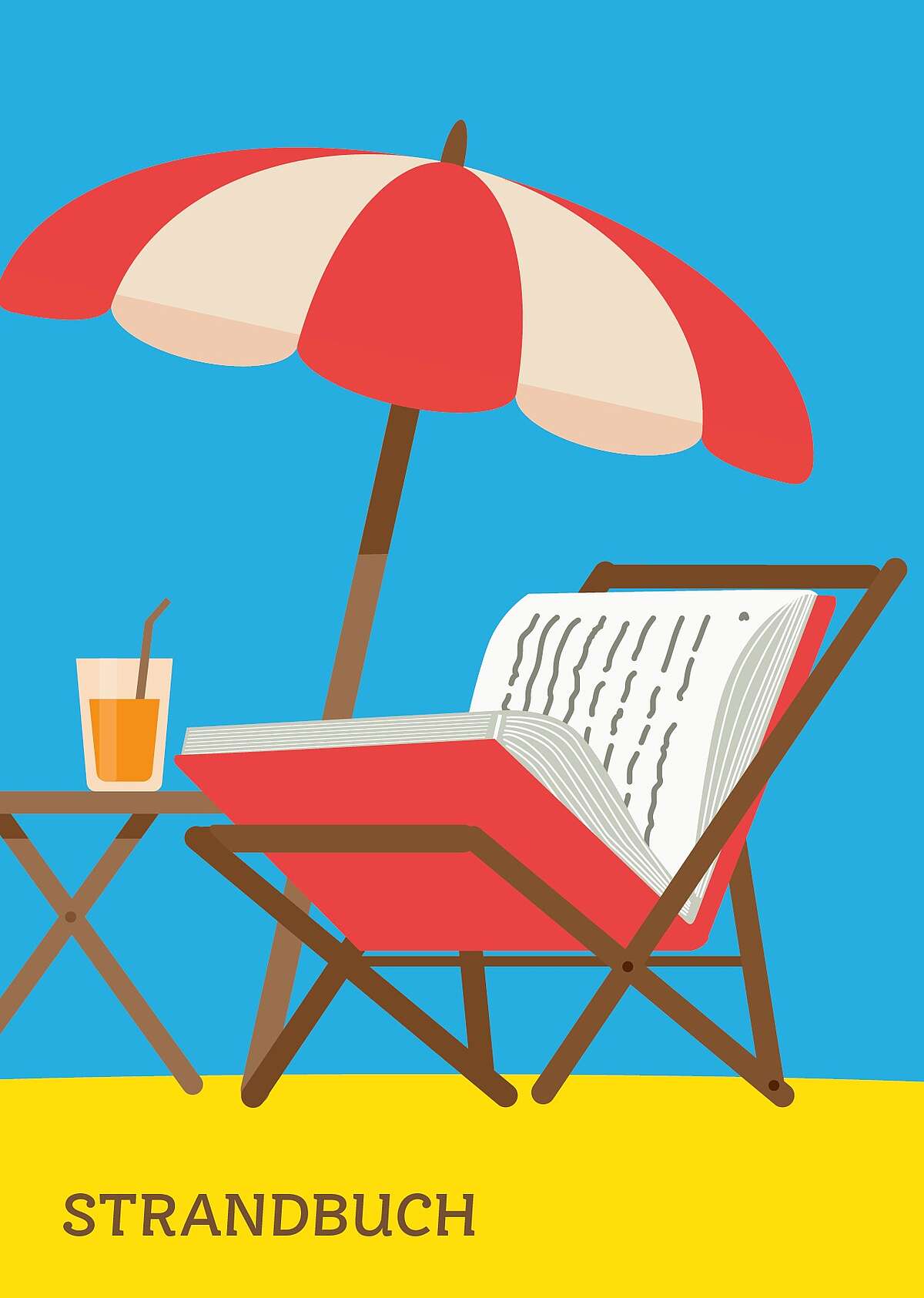 Text: Strandbuch - Grafik: Illustration eine Buchs als Liegestuhl am Strand mit Sonnenschirm