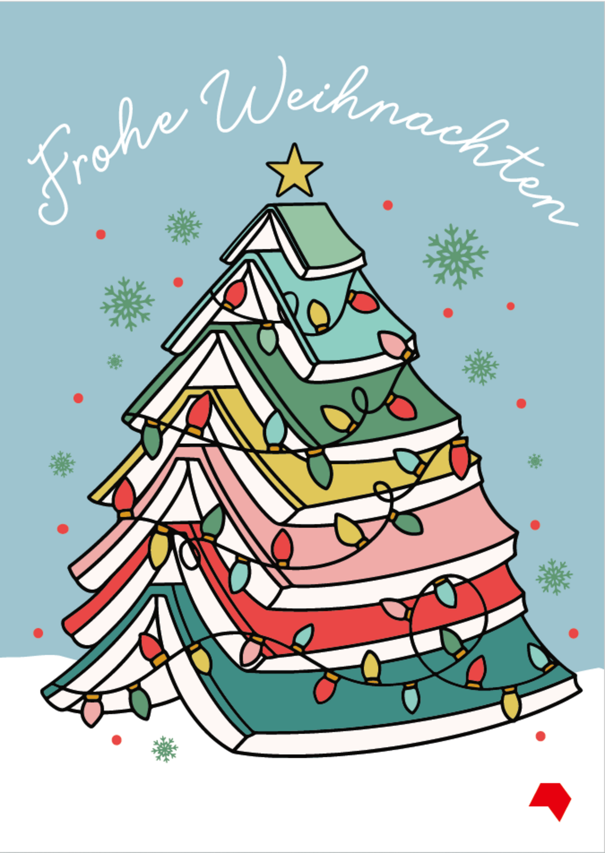 Plakat "Frohe Weihnachten", Zeichnung eines Weihnachtsbaums, der aus Büchern besteht.