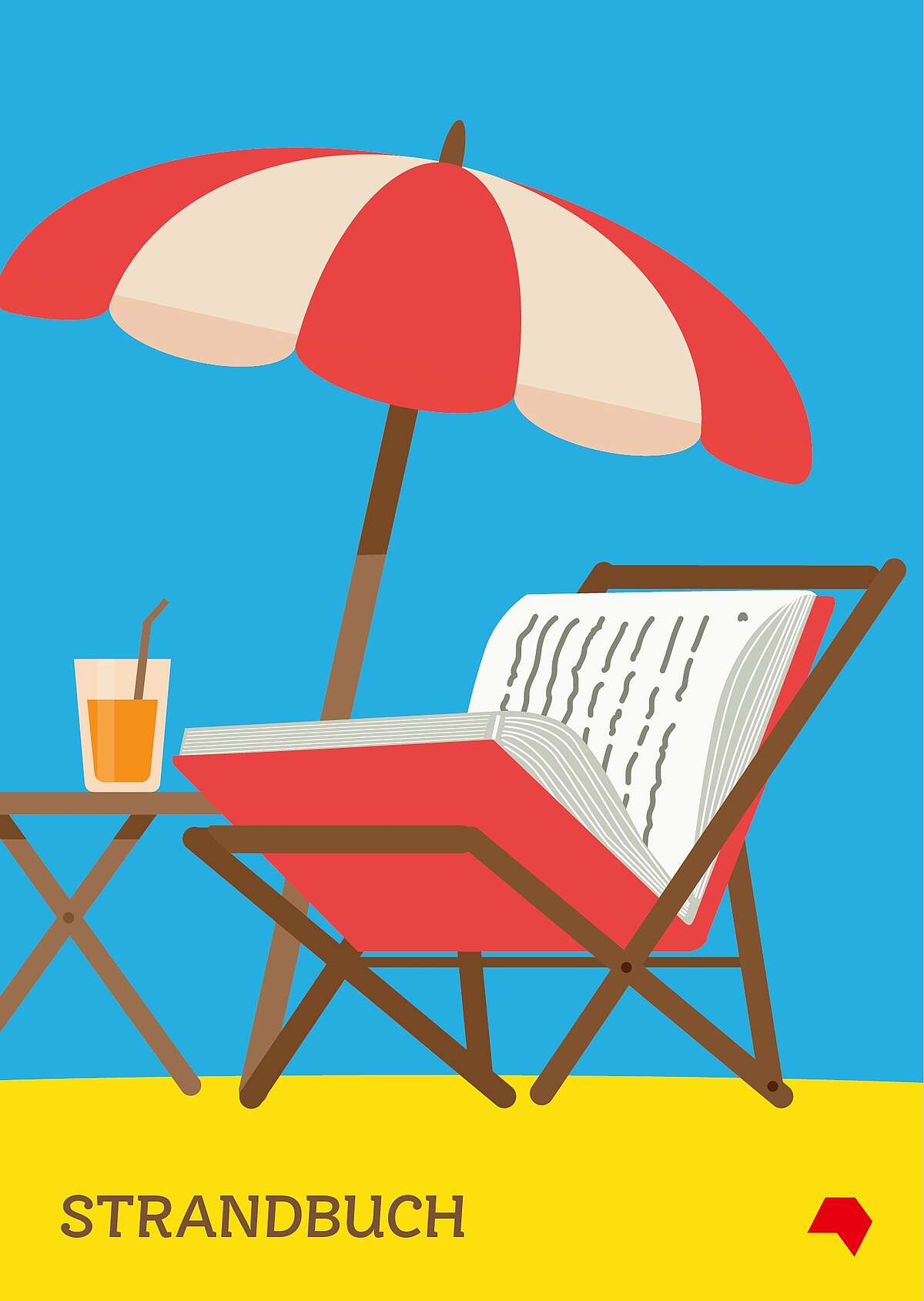 Text: Strandbuch - Grafik: Illustration eine Buchs als Liegestuhl am Strand mit Sonnenschirm