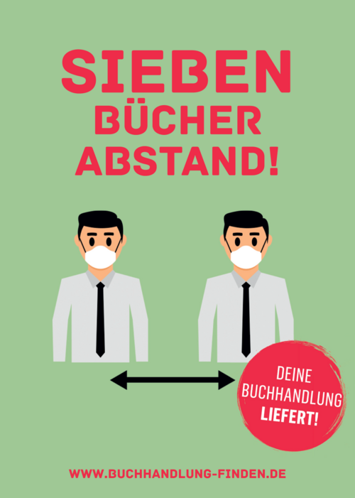 Postkarte: Sieben Bücher Abstand! Deine Buchhandlung liefert! www.buchhandlung-finden.de