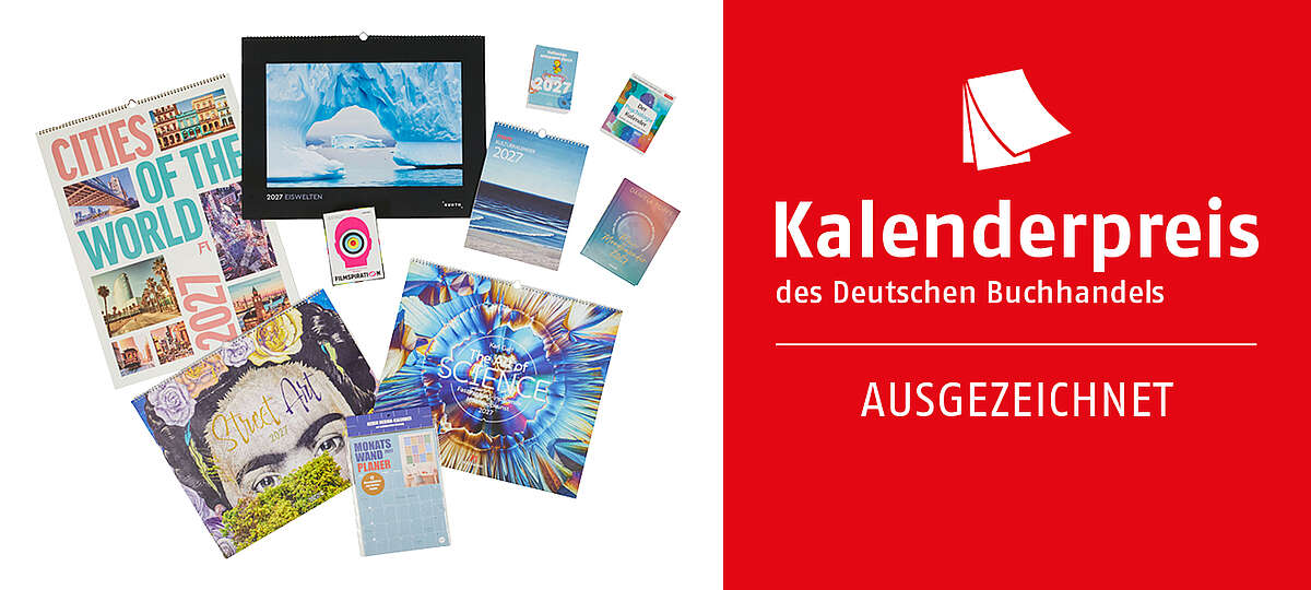 Webshop-Banner für den Kalenderpreis mit dem Slogan "Ausgezeichnet". Links sind zehn Kalender für 2027 abgebildet.
