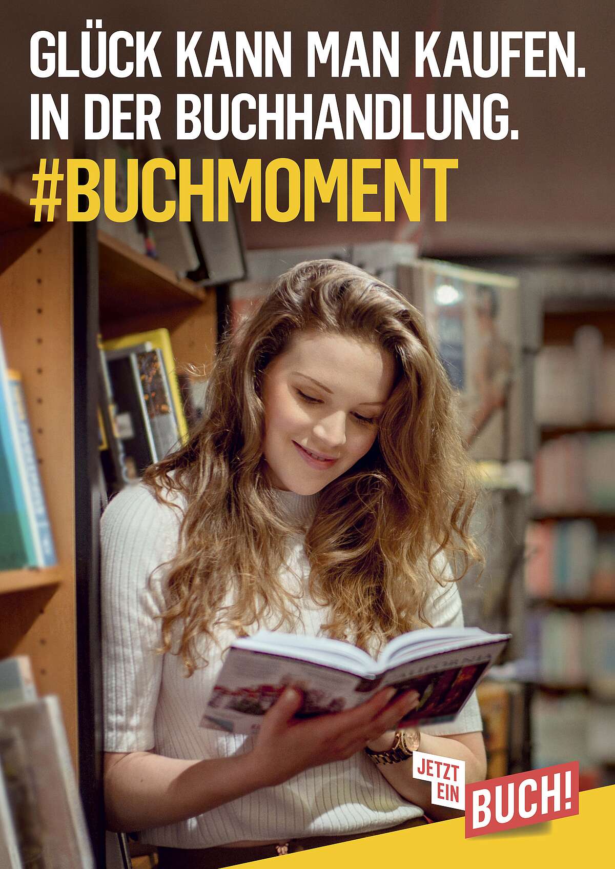 Plakat: Glück kann man kaufen. In der Buchhandlung. #Buchmoment